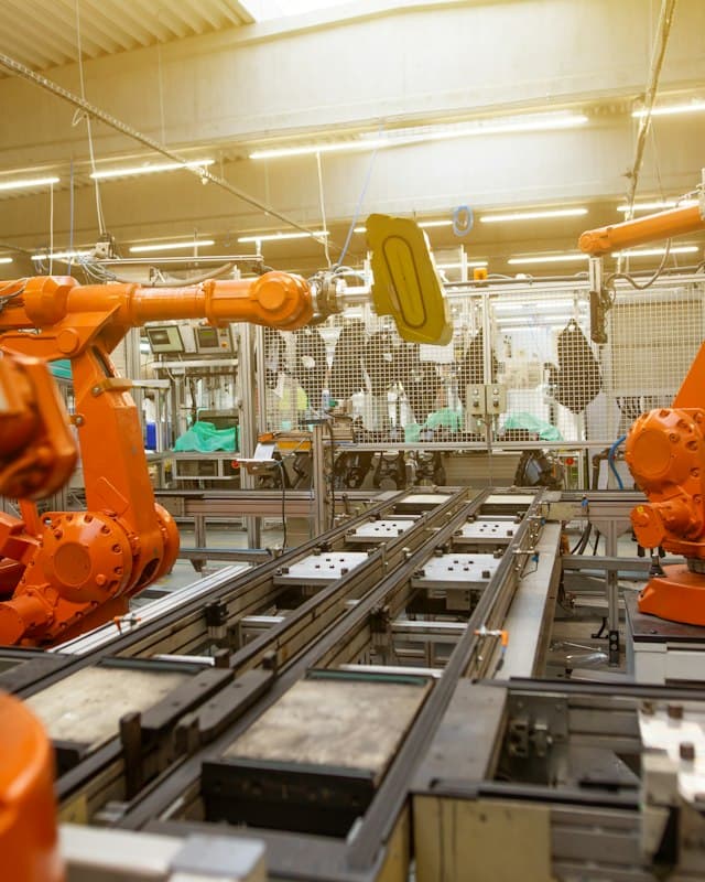 Robotic arms working along an automated production line