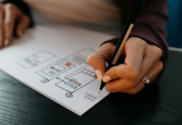 A designer sketching app screen wireframes on paper