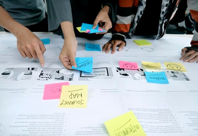 Hands arranging sticky notes on a customer journey map